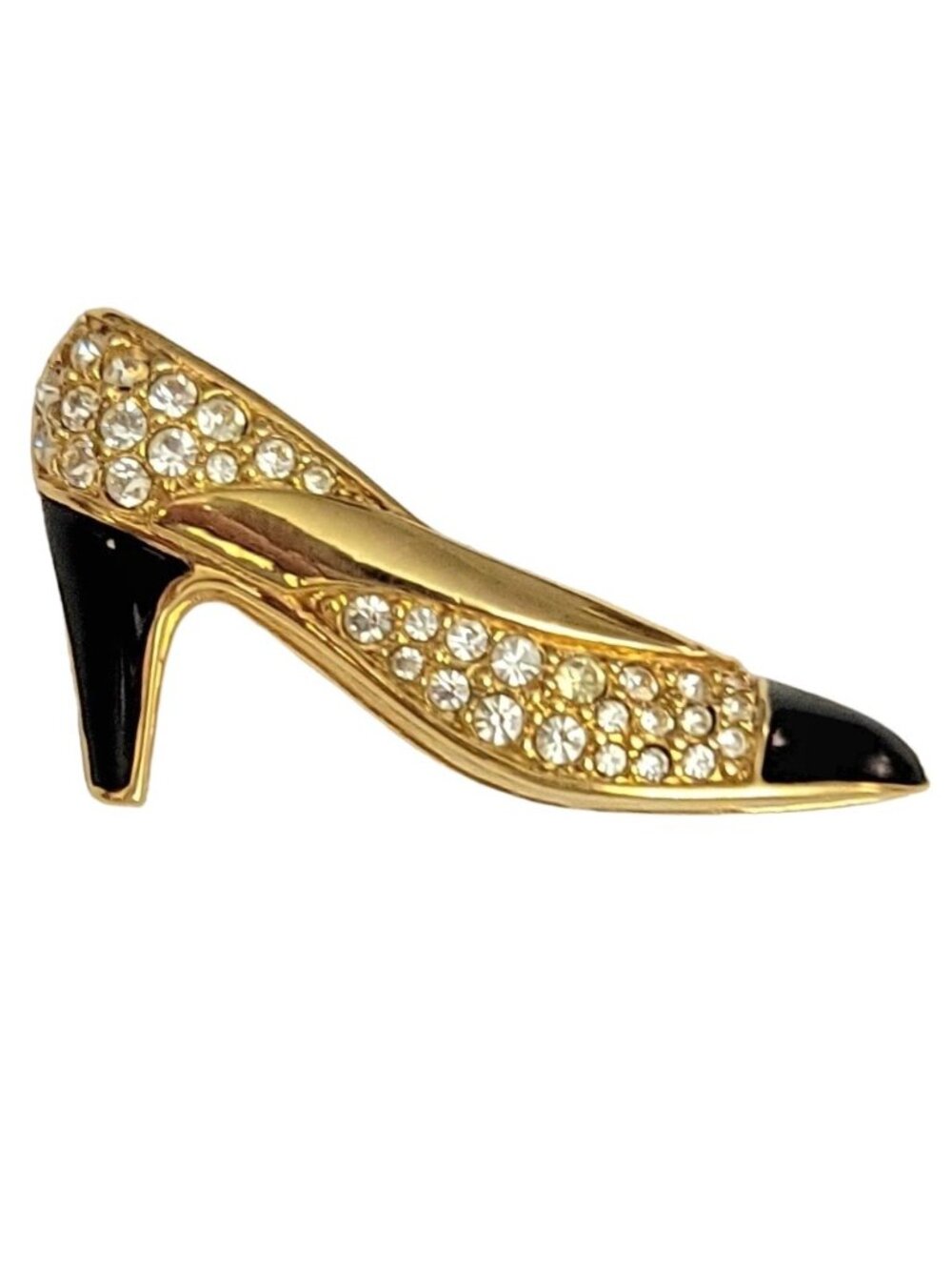 Swarovski Gold Tone Clear Rhinestone Black Enamel Heel Pump Shoe Brooch Pin M499